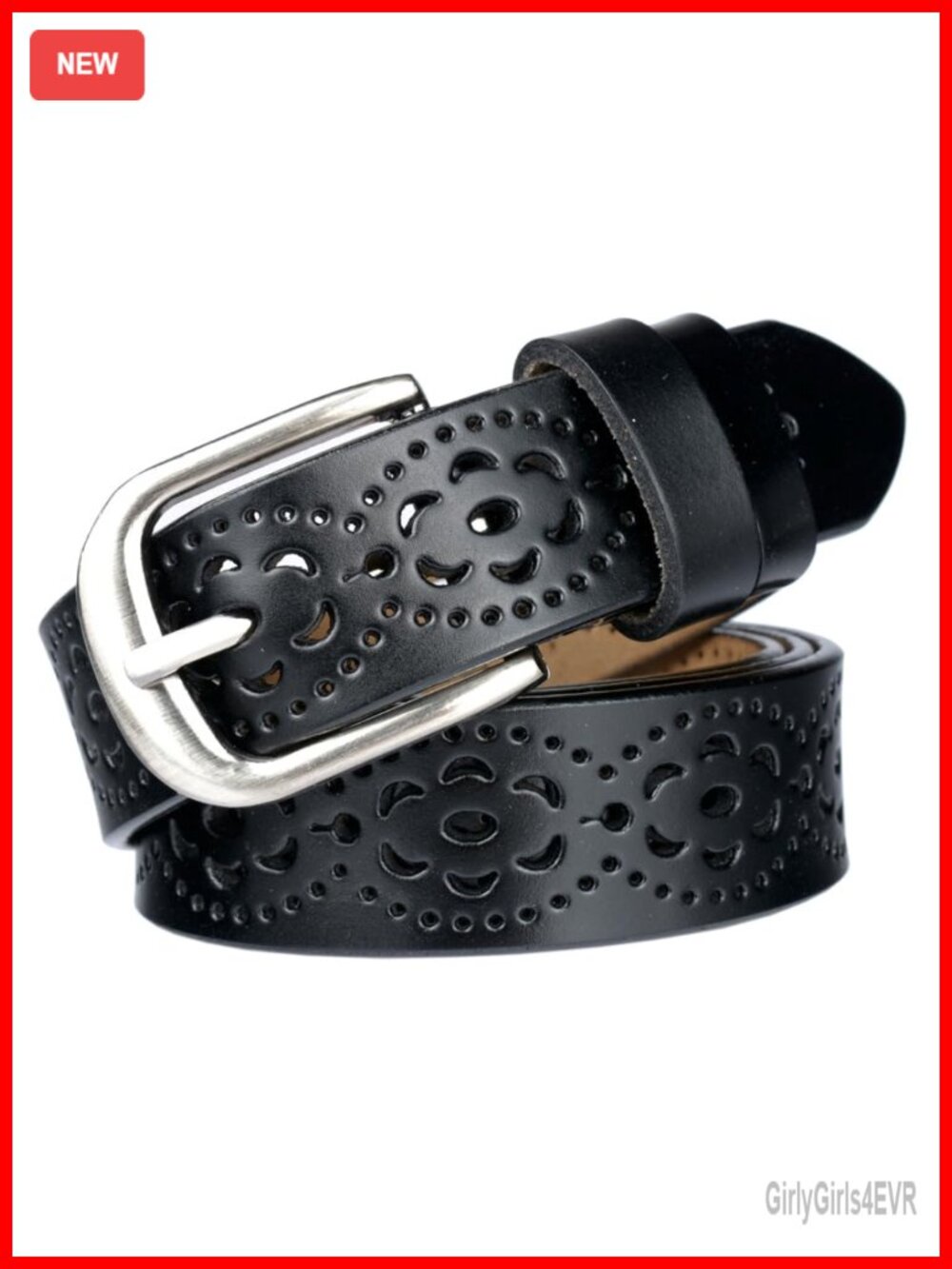 Faux Leather Belt Hollow-Out Vintage Metal Pin Buckle Waist Belt for Jeans